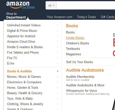 Amazon Shop by Department drop down menu